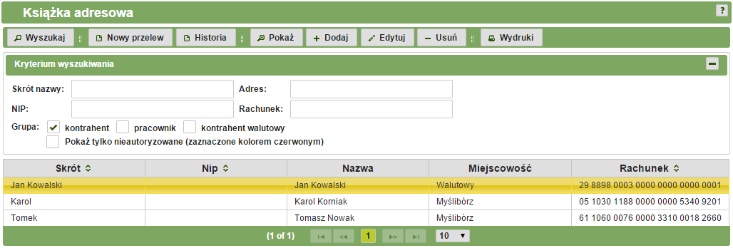 Pola na formularzu niewymagane, które można uzupełnić: NIP Numer Identyfikacji Podatkowej adresata Domyślny tytuł domyślny tytuł na nowych przelewach dla adresata W celu zatwierdzenia dodania