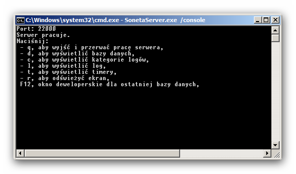 nasłuchiwać ma SonetaServer, /dbconfig wskazanie innego niż domyślny, katalogu z listą baz danych /extpath wskazanie innego niż domyślny, katalogu z dodatkami Soneta Serwer w trybie konsoli Do