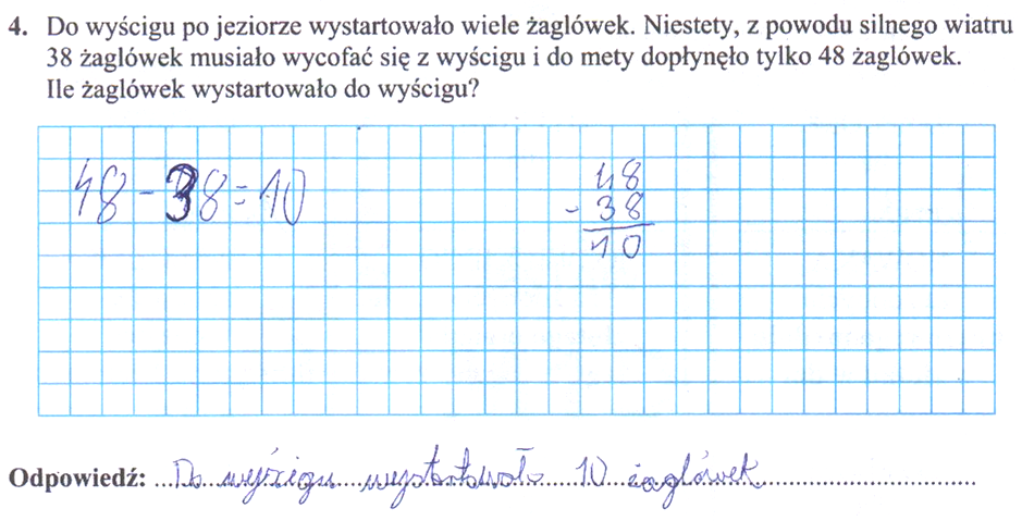 powtarzający się błąd: Pojedynczy uczniowie (0,9%) podawali w odpowiedzi 48 albo 38, niekiedy