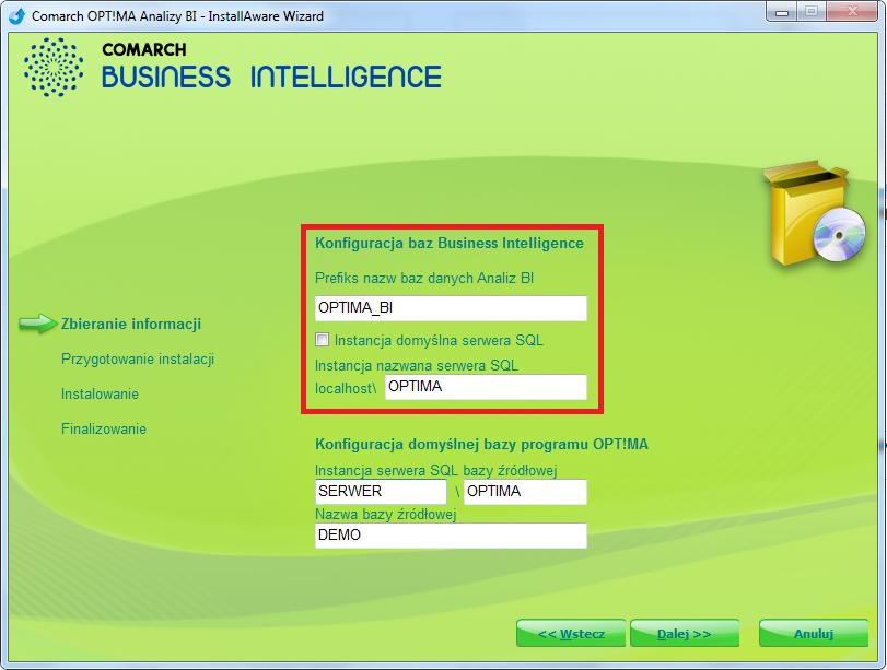 Rysunek 2.4 Konfiguracja nazwy bazy danych Comarch OPT!MA Analizy BI Ten krok widoczny jest tylko podczas instalacji wersji serwerowej.