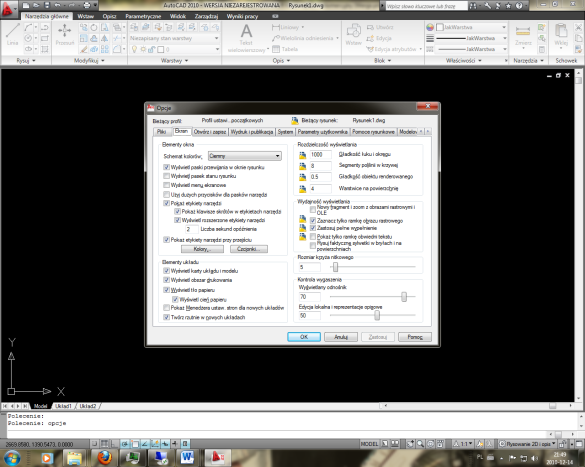 50 ROZDZIAŁ 11. AUTOCAD 2010 PODSTAWY Wyłączanie akceleracji sprzętowej w przypadku błędnego wyświetlania bądź barku odświeżania - na karcie System klikamy Ustawienia wydajności.