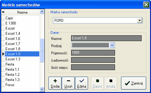 10 Agent Specjalny AS instrukcja obsługi Okno dodawania/edycji marek samochodów do słownika 5.2.4 Modele samochodów Słownik modeli samochodów zawierający spis modeli dla poszczególnych marek.