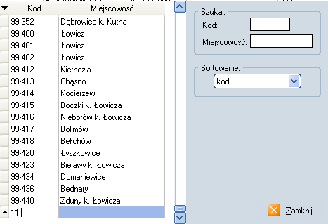 Korzystanie z funkcji programu AGENT.m6 11 Okno dodawania plików z wzorami raportów do słownika 5.2.6 Kody pocztowe Program zawiera wbudowany słownik kodów pocztowych.