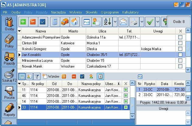 20 Agent Specjalny AS instrukcja obsługi Widok osób - wczytane 4 polisy z kalkulatora dla klienta Jan Kowalski Każdą z powyższych polis można teraz edytować i w zakładce płatności oznaczyć raty
