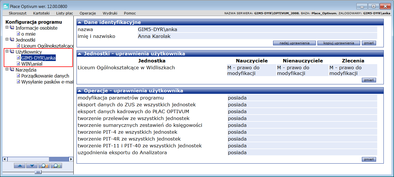 Jak przenieść dane programu Płace Optivum na nowy komputer? 9/10 7. Aby nadać sobie uprawnienia do modyfikacji lub odczytu danych wybranej jednostki.