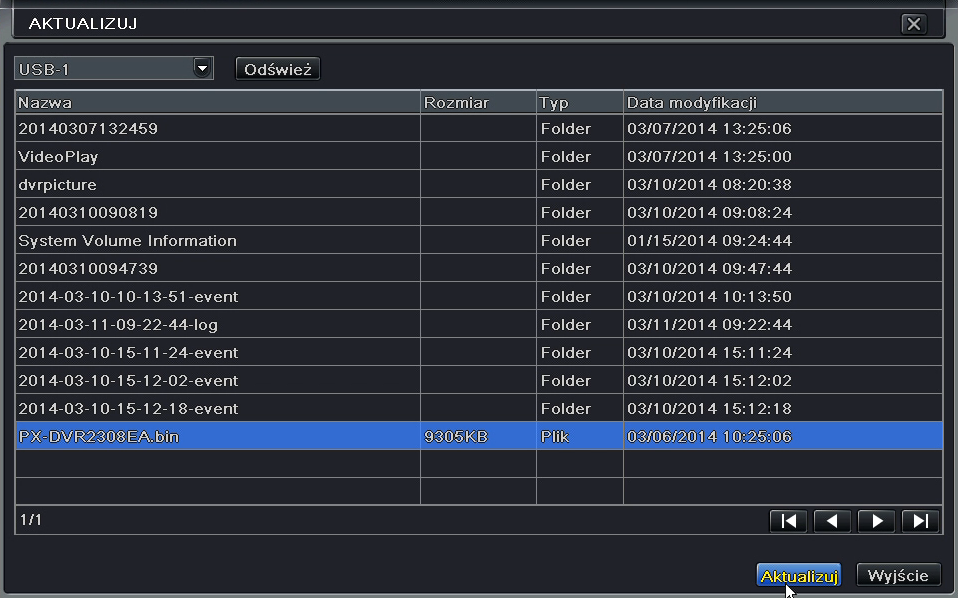 Rys. 35: Wybór pliku do aktualizacji systemu 3.7. MENU Główne Wyloguj Menu pozwala na wylogowanie aktualnie zalogowanego użytkownika z rejestratora.