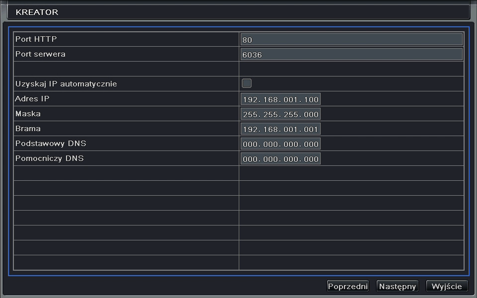 Rys. 4: Kreator ustawień - parametry sieciowe Trzecie okno kreatora
