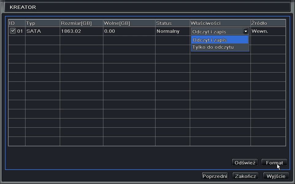 Rys. 6: Kreator konfiguracji - zarządzenie dyskami Zaznacz dysk, który zamierzasz sformatować a następnie naciśnij przycisk Format.