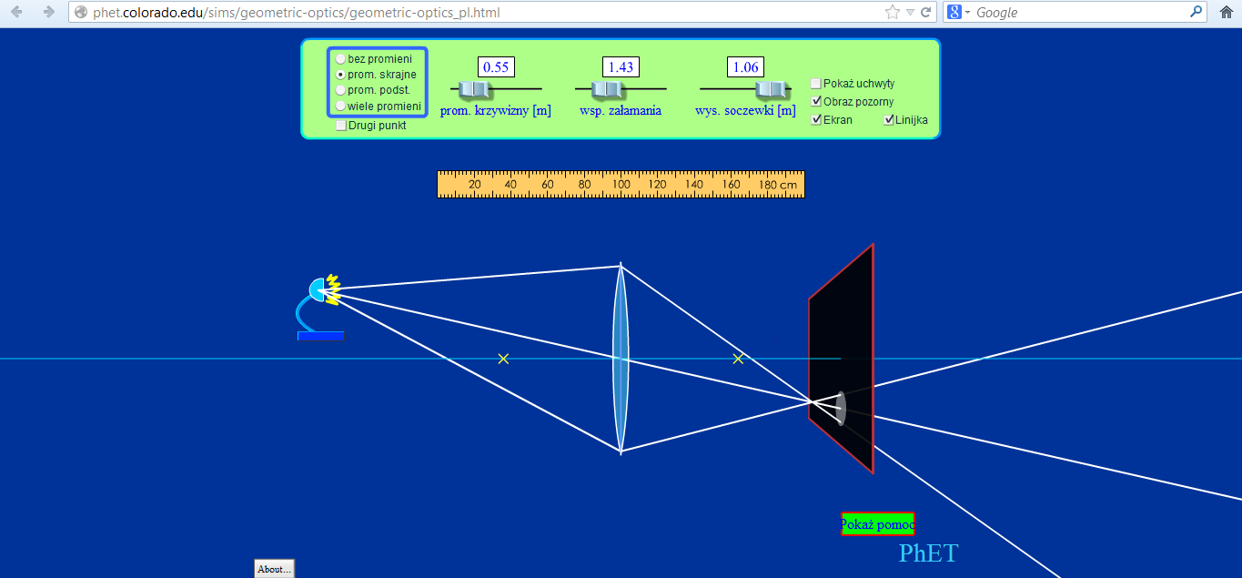 Symulację można wykorzystać również do obserwacji obrazów źródła światła powstających na ekranie umieszczonym za soczewką.