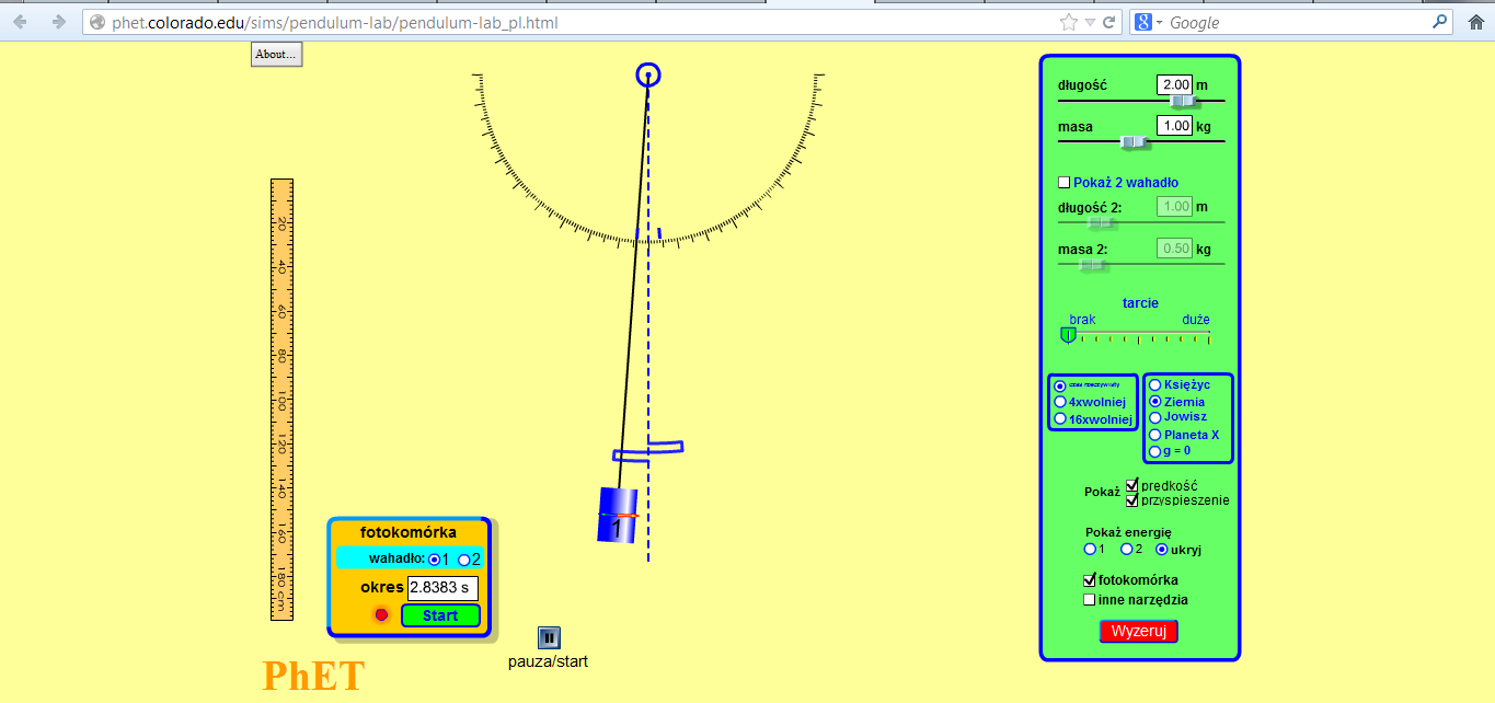2. Wirtualne eksperymenty Przykład 1. Temat: "Wahadło matematyczne" lub "Przyspieszenie grawitacyjne" Nazwa apletu: "Wahadło matematyczne" Strona: http://phet.colorado.
