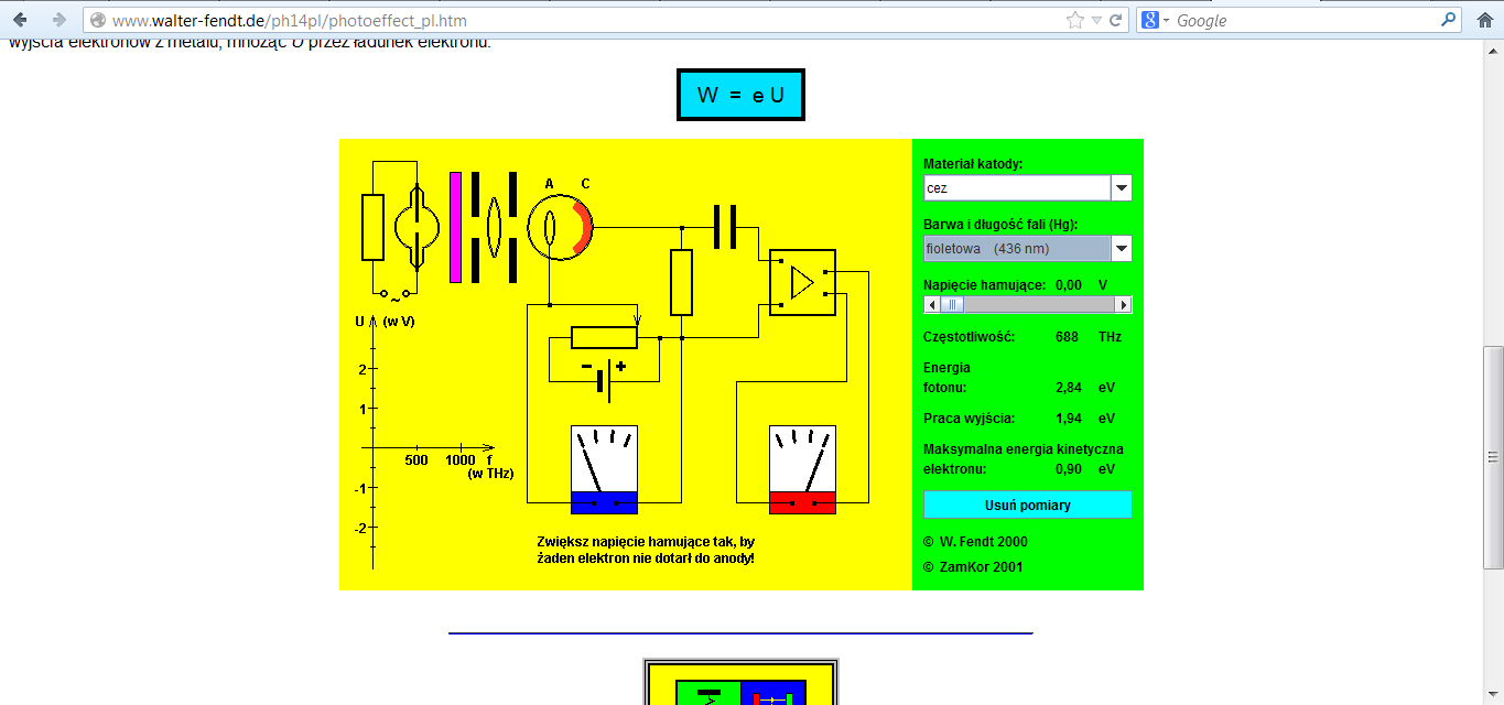 Przykład 2. Temat: "Zjawisko fotoelektryczne zewnętrzne" Nazwa apletu: "Zjawisko fotoelektryczne" Strona: http://www.walter-fendt.de/ph14pl/ Wykonujemy wirtualny eksperyment.