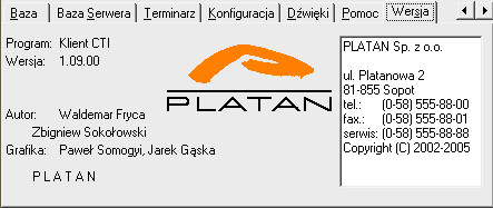 PLATAN KlientCTI - Wersja W oknie tym mo na uzyskaæ informacjê o wersji programu i danych adresowych firmy Platan Sp. z o.o. Klikaj¹c na logo PLATAN zostanie wyœwietlona strona www.platan.