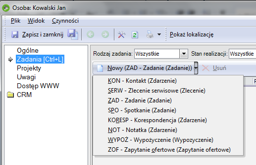 43 Budowa modułu CRM Rys. 36 Dodanie aktywności za pomocą Czynności. Rys. 37 Dodawanie aktywności z poziomu osoby kontaktowej. 9.