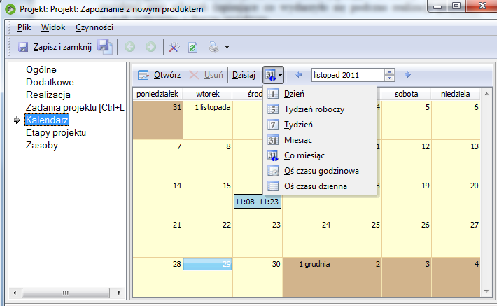 91 Budowa modułu CRM 14.2.5 Zakładka Kalendarz Przedstawia w formie kalendarza zestawienie zadań oraz zdarzeń podpiętych do projektu.