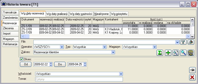 2.4.4.3 Historia towaru, zakładka: Rezerwacje Rezerwacja określonej ilości towaru dla wybranego kontrahenta zmniejsza ilość dostępną do sprzedaŝy dla innych kontrahentów.