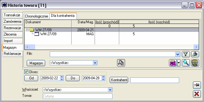 chronologicznym, bądź na zakładce: Magazyn/Dla kontrahenta, gdzie wyświetlane są dokumentu magazynowe związane z towarem, wydane dla określonego kontrahenta. Rys. 2.