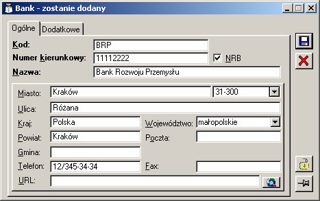 2.5.1.1 Bank Okno: Bank, słuŝy zdefiniowaniu lub zmianie danych banku, który zostanie dodany do listy w oknie: Banki.