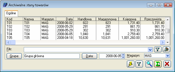 Rys. 2.143 Archiwalne stany towarów. Data dzień, na jaki wyświetlony jest stan towaru. Handlowa ilość handlowa towaru na magazynie (przeznaczone o sprzedaŝy).