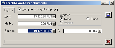 Zeruj zwrot wszystkich pozycji pole jest domyślnie zaznaczone. Odznaczenie jest moŝliwe, gdy co najmniej jedna z pozycji na liście została wyzerowana.