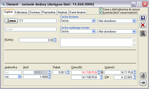 Okno: Element transakcji Aby dodać element transakcji, na fakturze sprzedaŝy, na zakładce: Ogólne, naleŝy nacisnąć przycisk: [Dodaj] lub wybrać jedną z opcji rozwijanych za pomocą przycisku:.