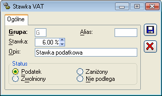 Rys. 2.9 Konfiguracja, zakładka: Stawki VAT. Parametry: Rys. 2.10 Stawka VAT. Alias: dodatkowy, definiowany przez UŜytkownika kod stawki, wyświetlany razem z podstawowym kodem literowym.