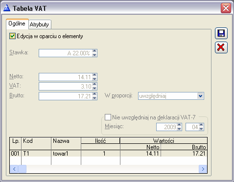 Rys. 2.192 Faktura sprzedaŝy, Tabela VAT. Jeśli przynajmniej jeden parametr zostanie zmieniony, to będzie on wyróŝniony czerwonym kolorem.