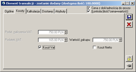 Rys. 2.194 Określenie parametru: Edycja cen i rabatów na pozycjach dokumentu faktury wewnętrznej. Okno elementu transakcji faktury wewnętrznej zawiera dodatkową zakładkę Koszty.