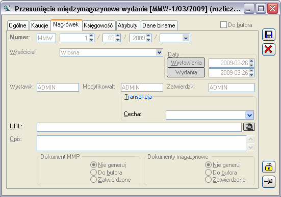 Rys. 2.215 Przesunięcie międzymagazynowe wydanie, zakładka: Nagłówek. URL - adres strony internetowej lub dokumentu HTML, zawierających informacje związane z MMW/MMP.