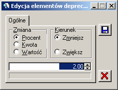 Rys. 2.217 Deprecjacja, zakładka: Ogólne. Zmiana: Rys. 2.218 Parametry wyliczenia ceny po deprecjacji. Procent: cena po deprecjacji zostanie zmieniona o procent ceny wyjściowej.