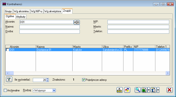 2.3.1.5 Kontrahenci, zakładka: Znajdź Zakładka: Znajdź/Ogólne Rys. 2.20 Lista kontrahentów, zakładka: Znajdź/Ogólne. Na tej zakładce moŝna podać wiele parametrów filtrowania listy.