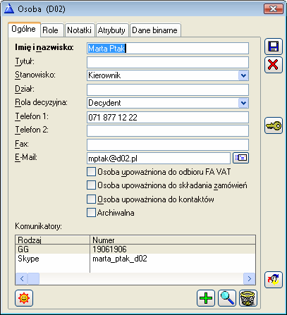 Rys. 2.31 Karta osoby. Jeśli adres e-mail osoby jest wpisany, to aktywny jest umieszczony obok przycisk: [Wyślij wiadomość].