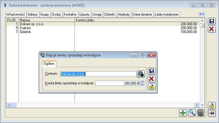 2.3.2.16 Karta kontrahenta, zakładka: Limity kredytowe Rys. 2.38 Karta kontrahenta, zakładka: Limity kredytowe.