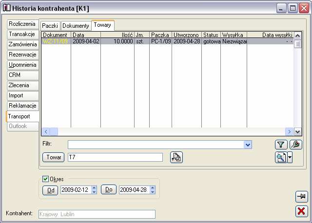 Zakładka: Towary Zakładka Towary zawiera listę pozycji dokumentów wystawionych dla wybranego kontrahenta, które są związane z paczkami.