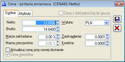 Rys. 2.65 Okno: Rodzaje cen sprzedaŝy. Aby zmienić cenę lub jej parametry, naleŝy ją podświetlić i nacisnąć przycisk: opcję: Zmień, z menu rozwijanego prawym klawiszem myszy. [Zmień] lub wybrać Rys.