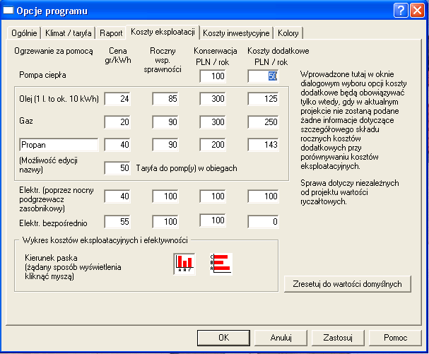 - 17 - Rys. 9: Opcje programu dla kosztów eksploatacyjnych 1.