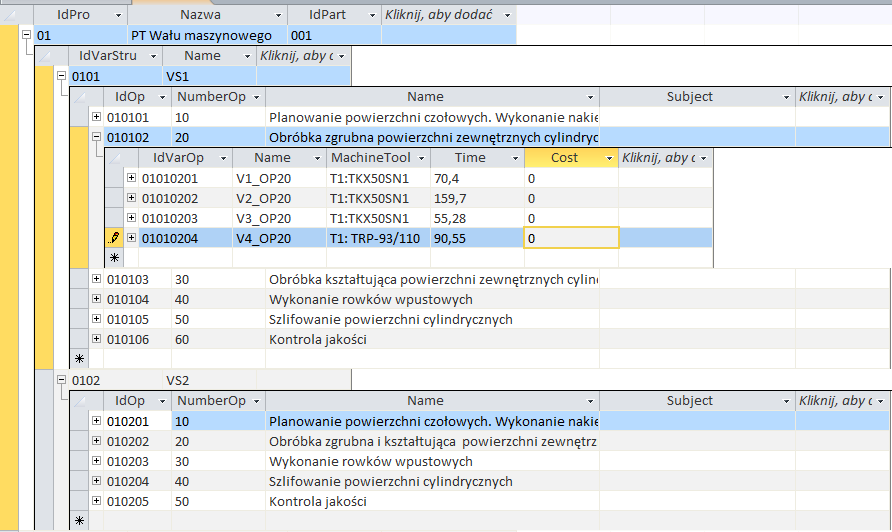 rys. 4 BDWPT - przykładowy proces technologiczny w postaci struktury wielowariantowej Po wprowadzeniu dokonano testu przeszukiwania bazy. Sformułowano w tym celu kilka zapytań w języku SQL.