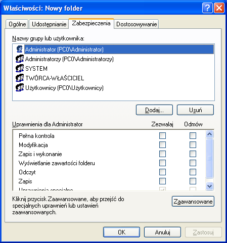 Rys. 2. Okno Właściwości folderu umożliwiające użytkownikowi zmianę zabezpieczeń NTFS (zakładka Zabezpieczenia). 18.
