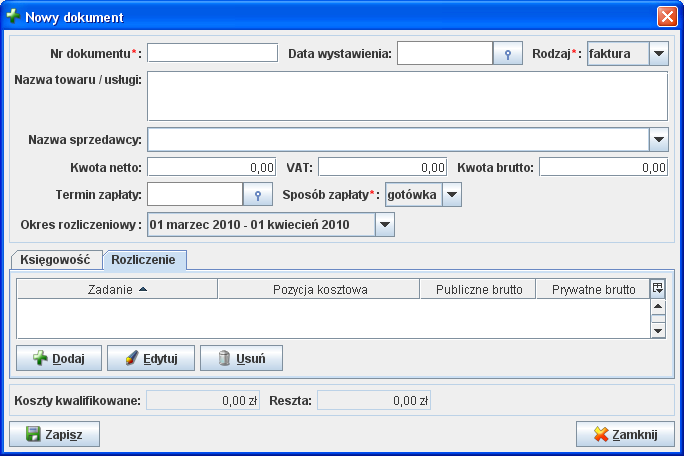 6 Dokumenty księgowe Rysunek 23: Nowy dokument Rysunek 24: Nowy dokument - zakładka rozliczenie Wprowadzenie nowego dokumentu wymaga podania jedynie jego numeru, rodzaju oraz sposobu zapłaty.