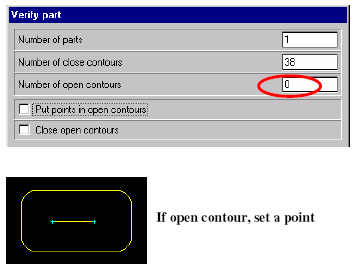 Sprawdź ilości otwartych konturów Jeśli kontur jest otwarty, ustaw punkt Weryfikacja części powinna się odbyć przed