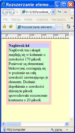 Dlatego dodanie poziomego marginesu, dopełnienia i obramowania powoduje zmianę szerokości treści. Pokolorowałem tło nagłówka i akapitu, aby pokazać, że całkowicie wypełniają kolumnę w poziomie.