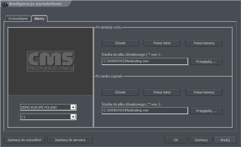 CMS PROFESSIOANL MANUAL Zakładka Alarmy zawiera ustawienia reakcji na alarm i utratę sygnału. Fig.