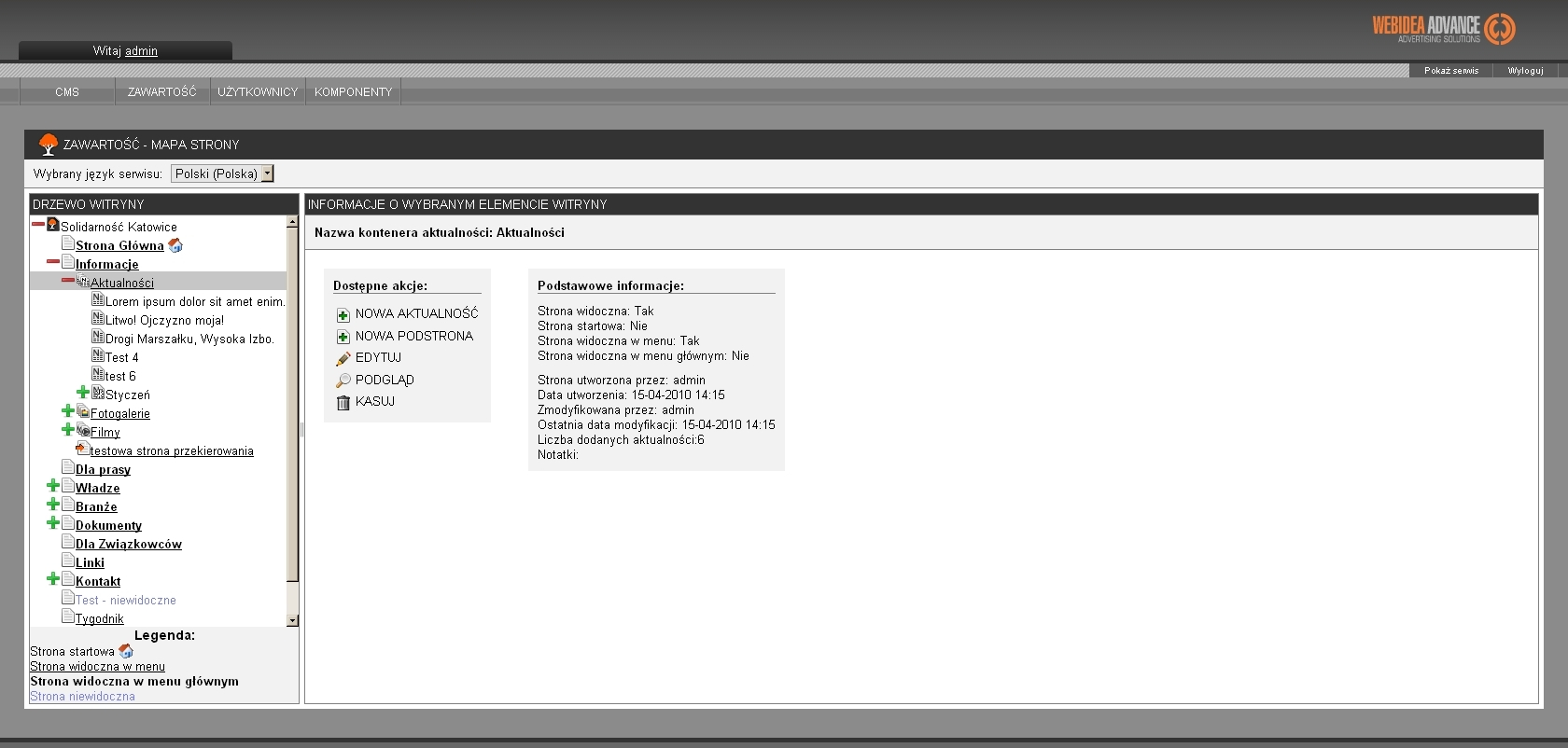 Moduły: Aktualności By dodać nową aktualność, w pierwszej kolejności rozwijamy listę znajdującą się w drzewie witryny. Tam został umieszczony moduł.