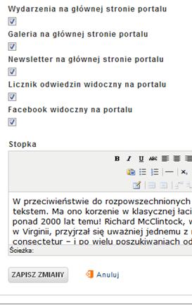 Wygląd elementów w części publicznej. Dalsza część Ustawień.