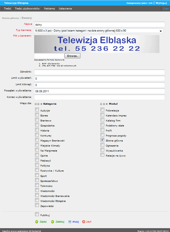 System odrzuci każdy banner o nieprawidłowej wielkości i poinformuje o tym administratora. Banery wyświetlane są w kolejności losowej.