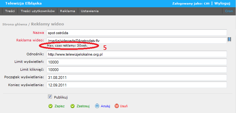 Wideo reklama Reklama -> Wideo reklama -> Dodaj reklamę Panel Wideo reklamy umożliwia dodawanie oraz edytowanie podstawowych ustawień reklam wyświetlanych w playerze multimedialnym na stronie.