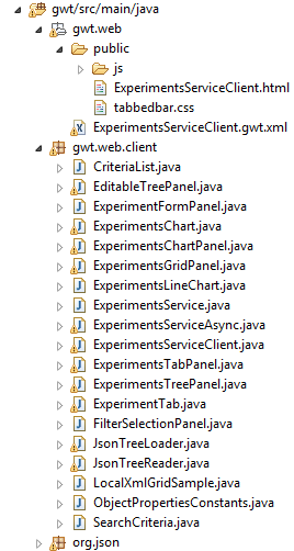 Rys. 17. Struktura modułu gwt. Na Rys. 17. widoczne są pakiety modułu gwt. W pakiecie gwt.web znajduje się plik konfiguracyjny kompilatora GWT (ExperimentsServiceClient.gwt.xml).