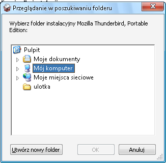 Aby zmienić domyślną lokalizację programu, należy przejść Tabulatorem do przycisku Przeglądaj i nacisnąć Spację. Otworzy się okno drzewa folderów o nazwie: Przeglądanie w poszukiwaniu folderu.