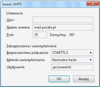 Znajdować się będziemy w polu Opis. Możemy tu napisać dowolne wyrażenie, dowolną nazwę, po której będziemy identyfikować ten serwer. Pole to może też pozostać puste.