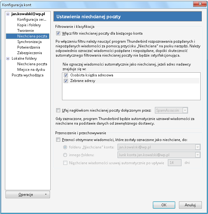 kategorii. Aby jednak stosowanie tego filtru miało sens, warto nieco skorygować domyślne ustawienia naszego klienta poczty tak, aby wiedział co robić z tą niechcianą korespondencją.