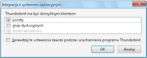 4.3.1. Integracja z systemem operacyjnym z zakładki Ogólne Jeśli przy instalacji zrezygnowaliśmy z tego, by Thunderbird był domyślnym klientem poczty, możemy teraz to zmienić.